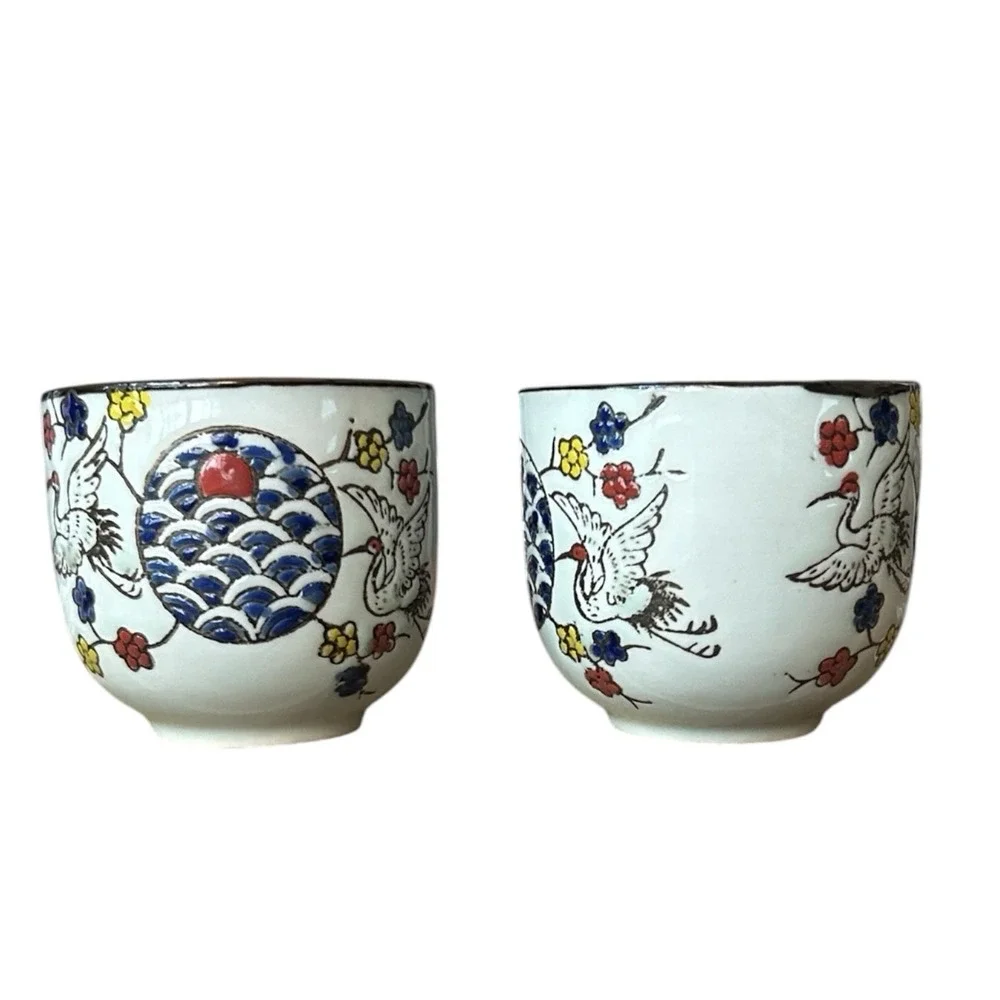 2 EBROS GIFT Sake/Tea Cups Flying White Cranes Red Moon Night Sky Asian Ceramic